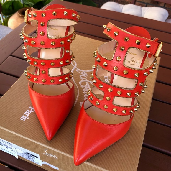 Christian Louboutin Tchicaboum 120mm Studded Orange Caged Heels 37.5 RRP$1750 - Picture 9 of 14
